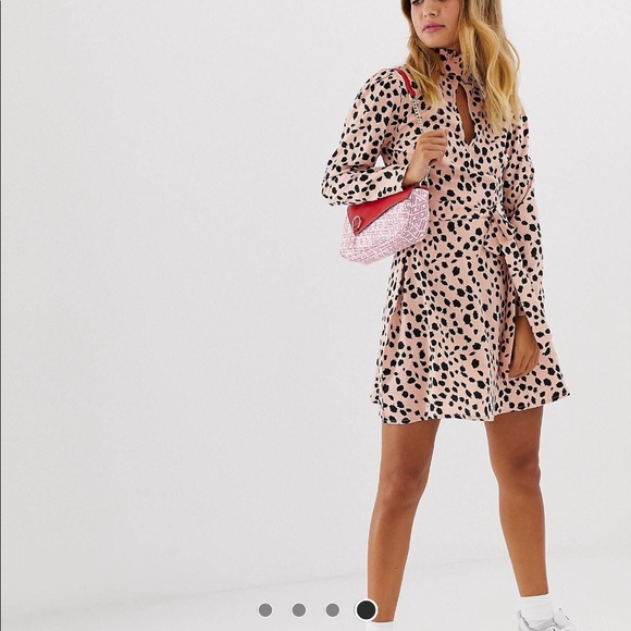 ASOS Pink Dalmatian Long Sleeve Tie Waist Dress - Picture 4 of 4